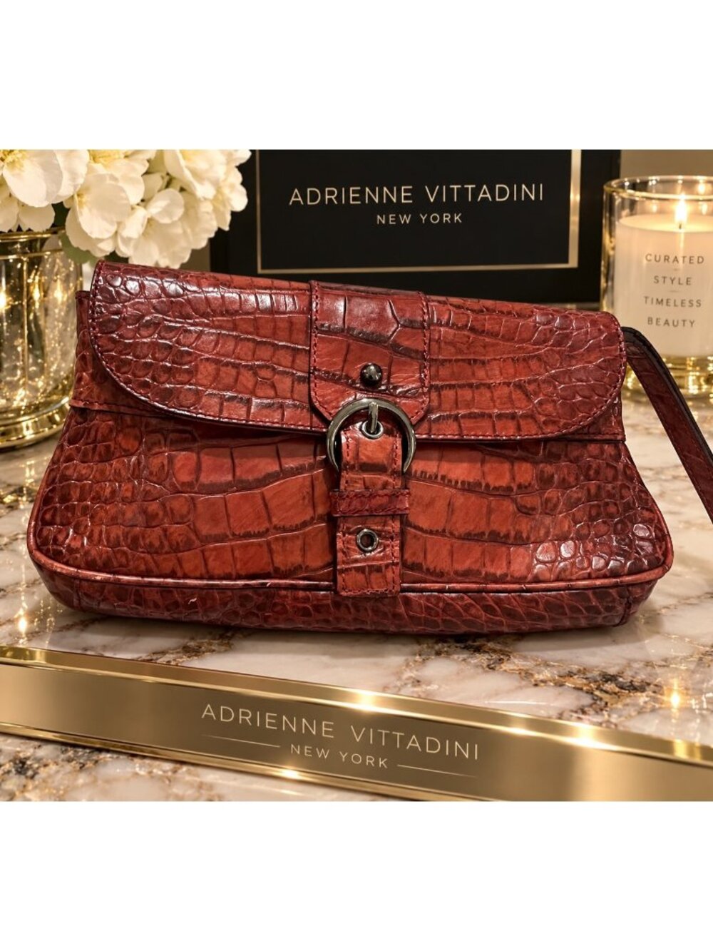 Adrienne Vittadini Croc Embossed Brick Red Wristlet Clutch Bag